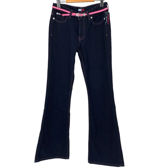 Tommy Hilfiger Flare Jeans Womens 27 Blue Dark Wash Belted Bell Y2K Vintage NEW - Picture 1 of 9